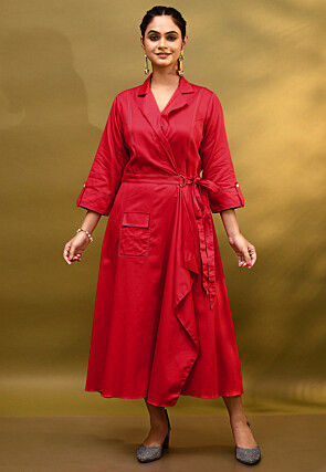 Embroidered Cotton Wrap Dress in Red