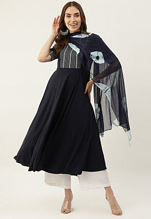 Embroidered Crepe A Line Kurta in Navy Blue