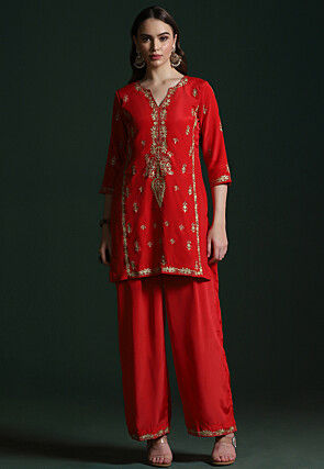 Embroidered Crepe A Line Kurta Set in Red