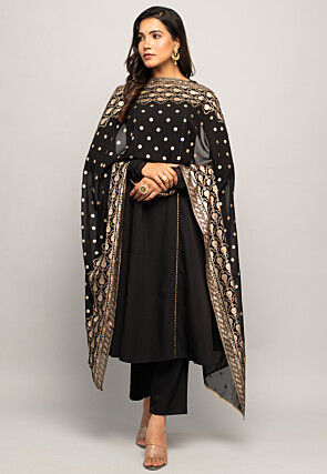 Embellished Crepe A Line Suit in Black