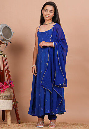 Embroidered Crepe A Line Suit in Royal Blue
