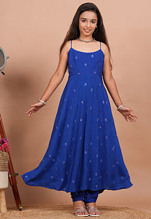 Embroidered Crepe A Line Suit in Royal Blue