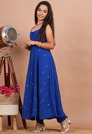 Embroidered Crepe A Line Suit in Royal Blue