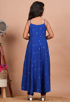 Embroidered Crepe A Line Suit in Royal Blue