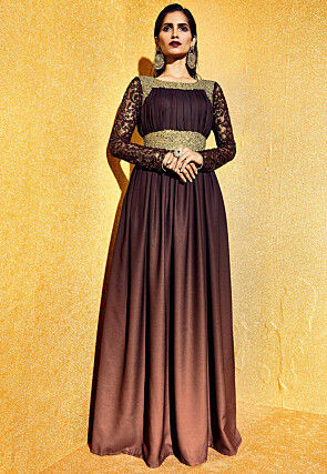 Embroidered Crepe Abaya Style Suit in Dark Brown