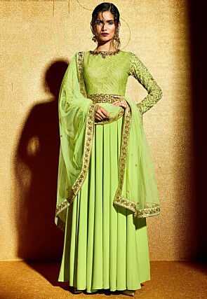 Embroidered Crepe Abaya Style Suit in Light Green