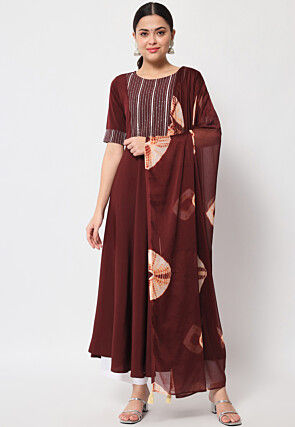 Embroidered Crepe Aline Suit in Wine
