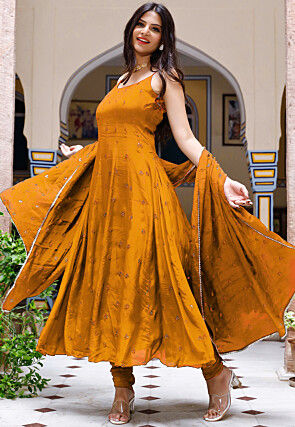 Embroidered Crepe Anarkali Suit in Mustard