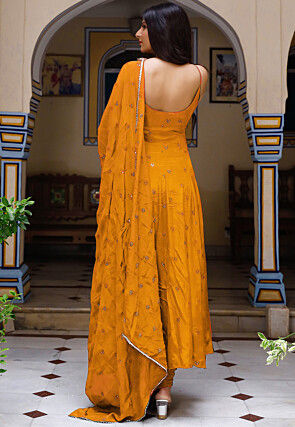 Embroidered Crepe Anarkali Suit in Mustard