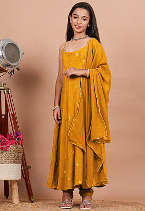 Embroidered Crepe Anarkali Suit in Mustard
