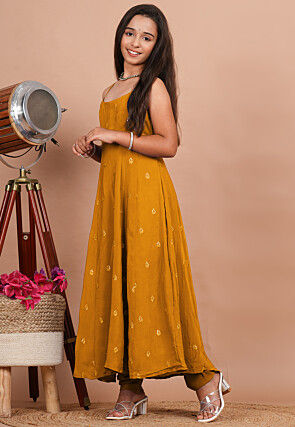 Embroidered Crepe Anarkali Suit in Mustard