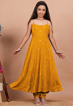 Embroidered Crepe Anarkali Suit in Mustard