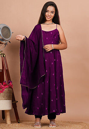 Embroidered Crepe Anarkali Suit in Purple