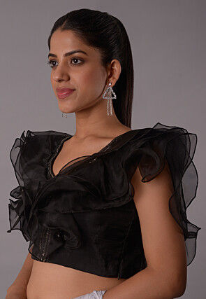 Embroidered Crepe and Organza Blouse in Black