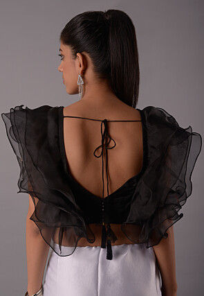 Embroidered Crepe and Organza Blouse in Black