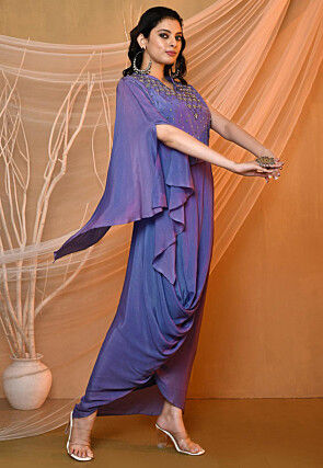 Embroidered Crepe Cowl Dress in Blue