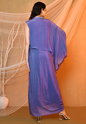 Embroidered Crepe Cowl Dress in Blue