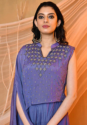 Embroidered Crepe Cowl Dress in Blue