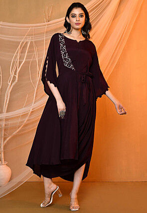 Embroidered Crepe Cowl Dress in Dark Wine