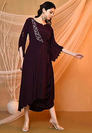 Embroidered Crepe Cowl Dress in Dark Wine