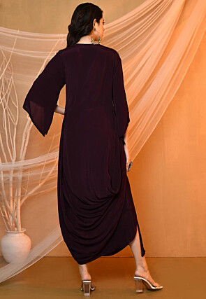 Embroidered Crepe Cowl Dress in Dark Wine