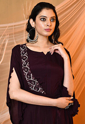 Embroidered Crepe Cowl Dress in Dark Wine