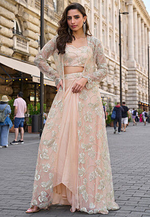 Embroidered Crepe Crop Top Set in Baby Pink