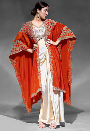 Embroidered Crepe Crop Top Set in Cream and Orange