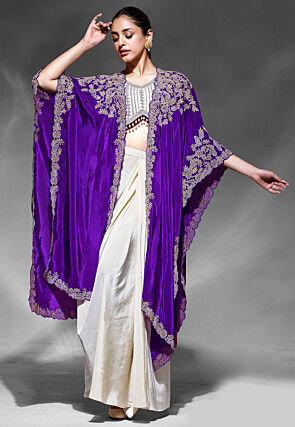 Embroidered Crepe Crop Top Set in Cream and Purple