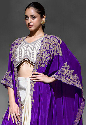 Embroidered Crepe Crop Top Set in Cream and Purple