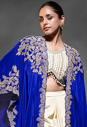 Embroidered Crepe Crop Top Set in Cream and Royal Blue