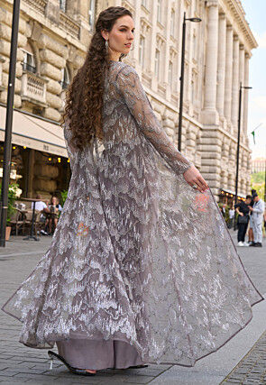 Embroidered Crepe Crop Top Set in Dusty Purple