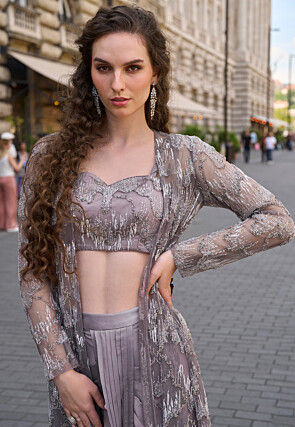 Embroidered Crepe Crop Top Set in Dusty Purple