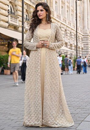 Embroidered Crepe Crop Top Set in Light Beige