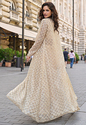 Embroidered Crepe Crop Top Set in Light Beige