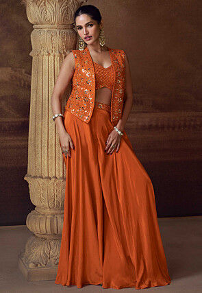 Embroidered Crepe Crop Top Set in Orange