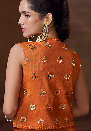 Embroidered Crepe Crop Top Set in Orange