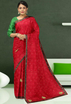 Embroidered Crepe Jacquard Saree in Red
