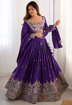 Embroidered Crepe Lehenga in Purple