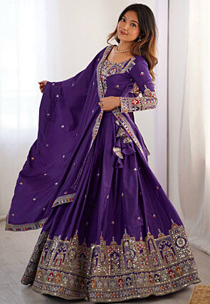 Embroidered Crepe Lehenga in Purple