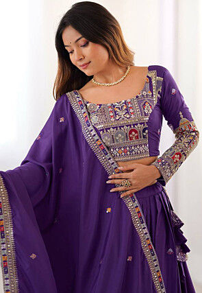 Embroidered Crepe Lehenga in Purple