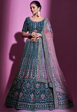 Embroidered Crepe Lehenga in Teal Blue