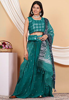 Embroidered Crepe Lehenga in Teal Green