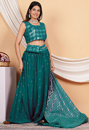 Embroidered Crepe Lehenga in Teal Green
