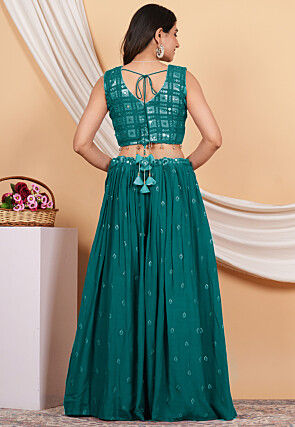 Embroidered Crepe Lehenga in Teal Green