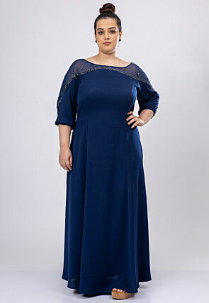 Embroidered Crepe Maxi Dress in Navy Blue