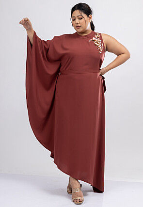 Embroidered Crepe Maxi Dress in Rust