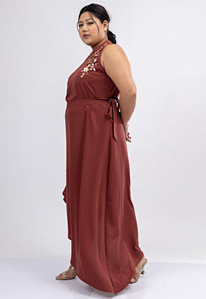 Embroidered Crepe Maxi Dress in Rust
