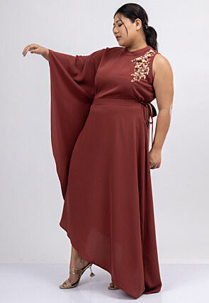 Embroidered Crepe Maxi Dress in Rust