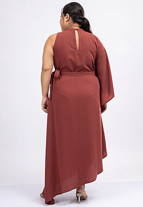 Embroidered Crepe Maxi Dress in Rust
